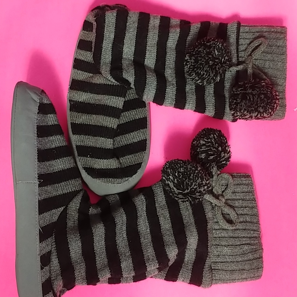 Striped Slippers with Pom Poms